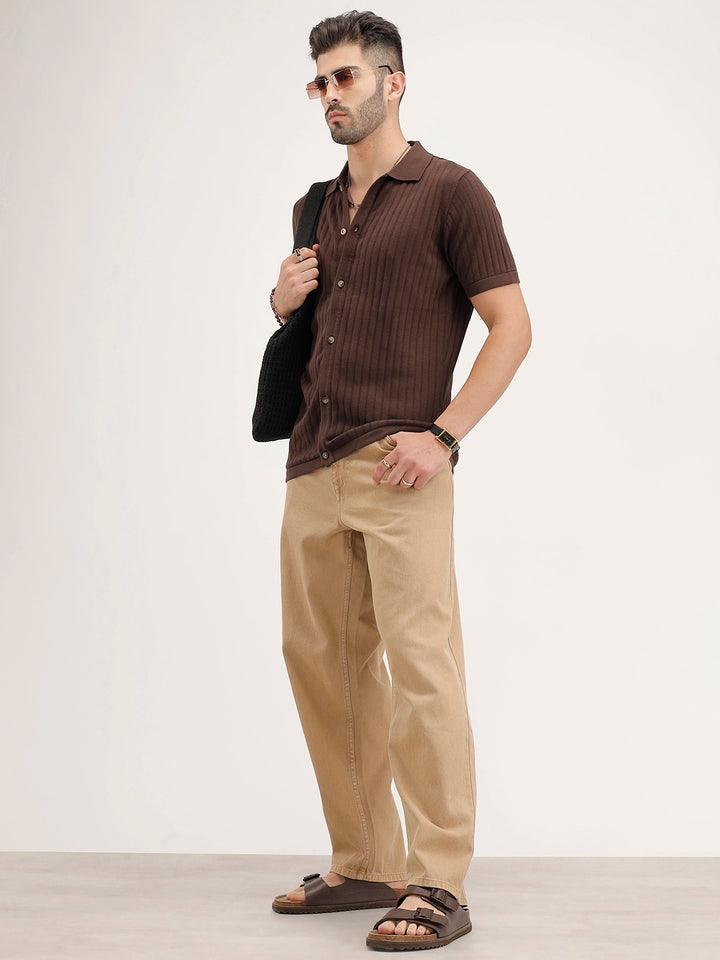 Slim Fit Textured Half Sleeve Shirt | Brown