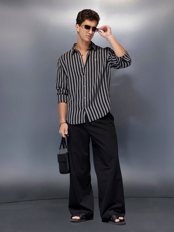 Men’s casual striped pattern shirt with texture | Black