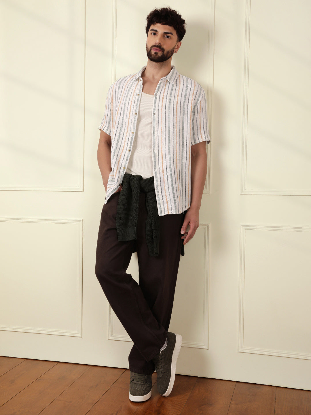 Striped Short Sleeve Textured Shirt | Off White