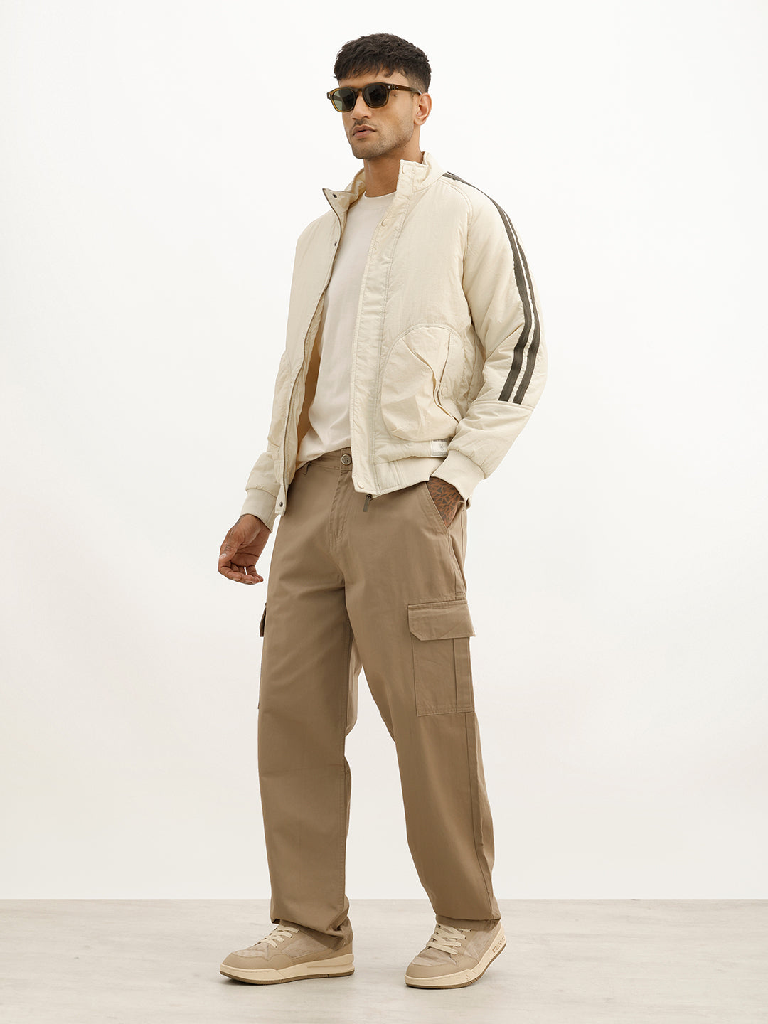 Solid Loose Fit Cargo Trousers | Beige