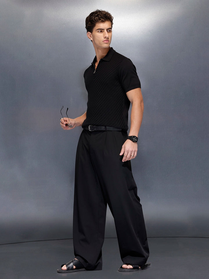 Men’s textured zip polo tshirt | Black