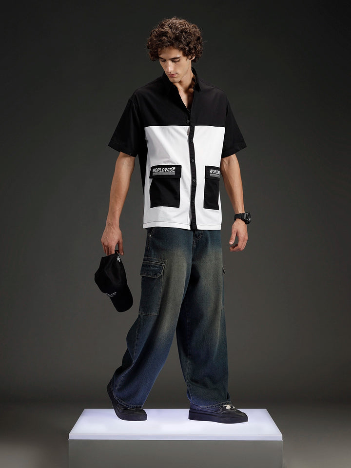 Men's casual colourblock oversized fit shirt | WHITE AND BLACK