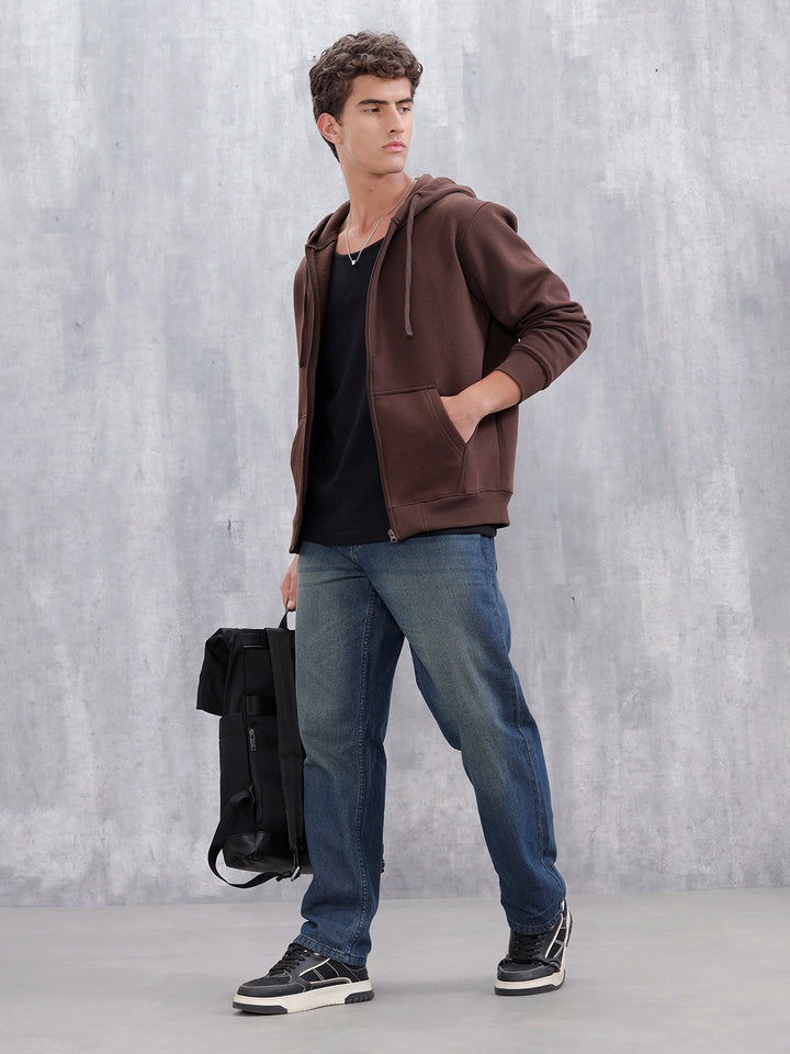 Men's Solid Zip-Up Hoodie Sweatshirt | Java