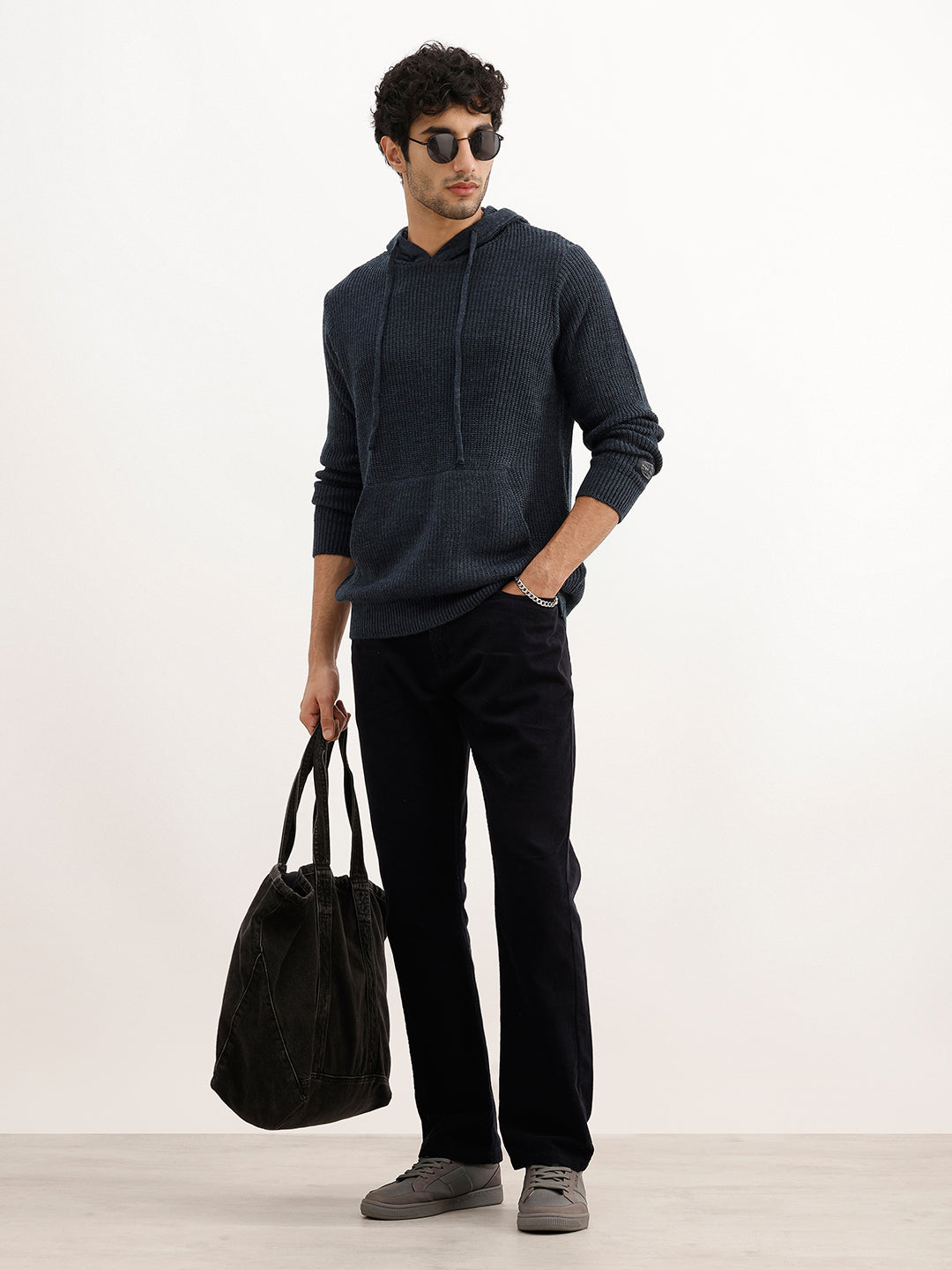 Solid Regular Fit Knitted Hooded Sweater | Blue