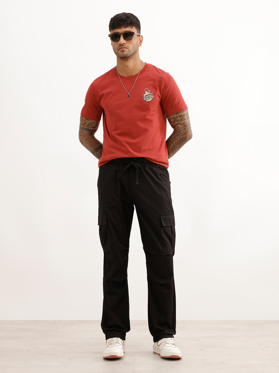 Solid Straight Fit Cargo Trousers | Black