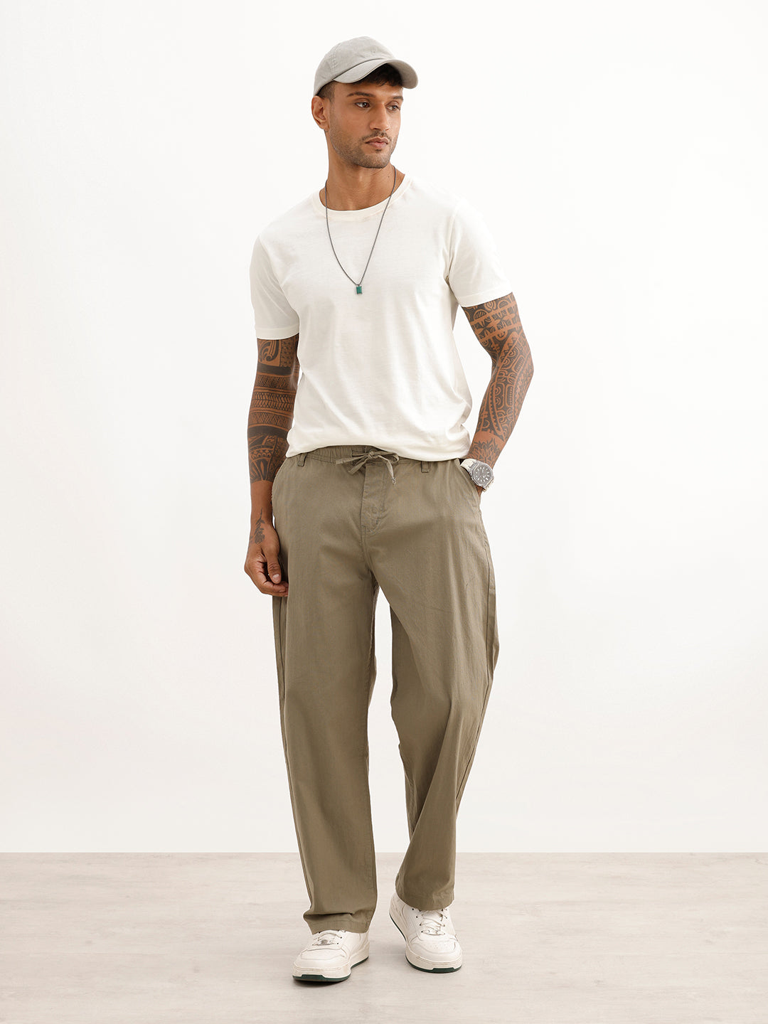 Solid Textured Loose Fit Trouser | Olive