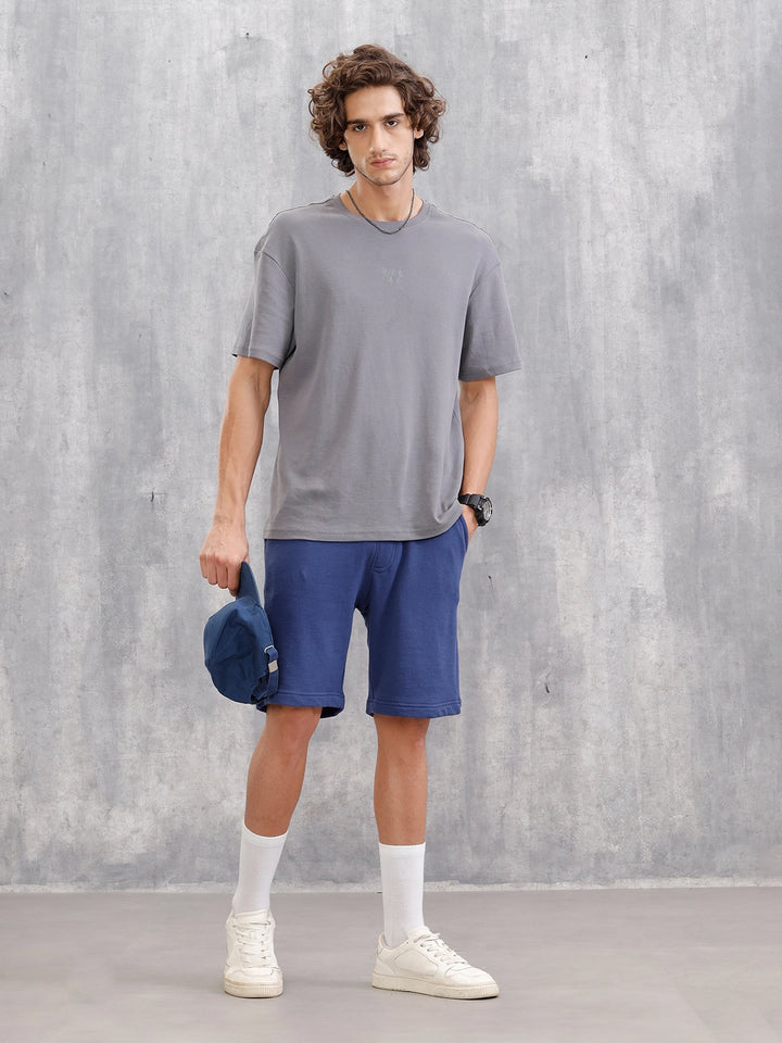 Textured Regular Fit Shorts With Logo Embroidery | Blue
