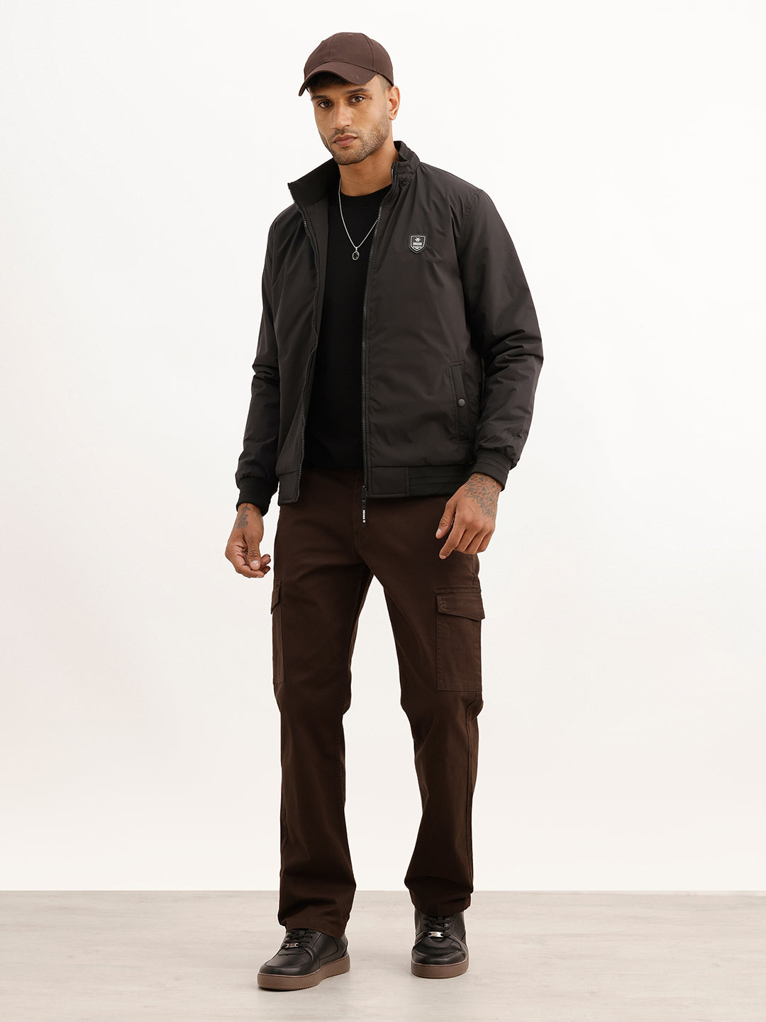 Solid Regular Fit Zipper Jacket | Black
