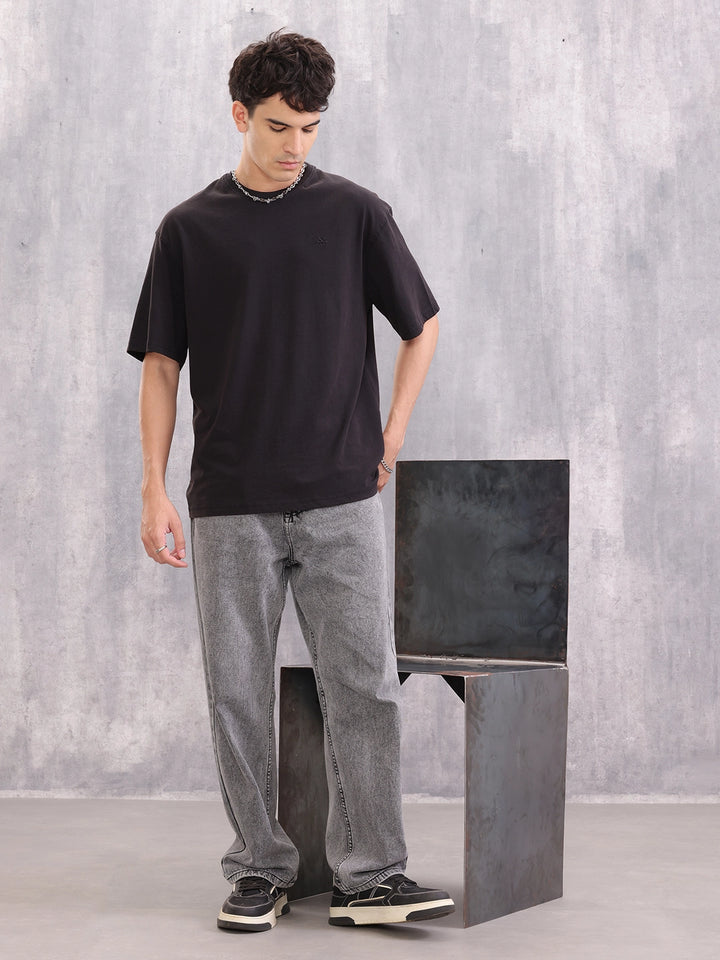Casual Oversized Fit T-shirt With Tonal Embroidery At Back | Black