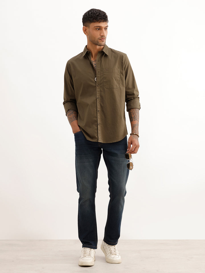 Solid Slim Fit Full Sleeve Shirt | Olive