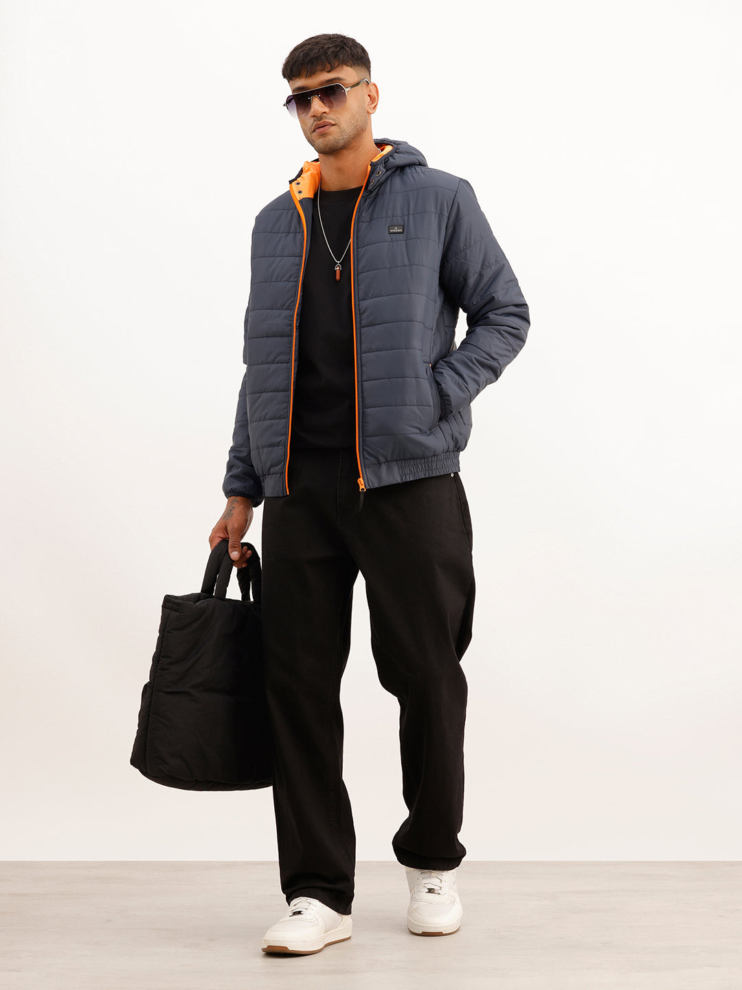 Solid Regular Fit Puffer Jacket | Navy Blue