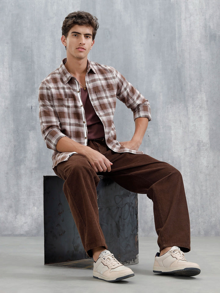 Men's Casual Checkered Pattern Double Pocket Shirt | Brown