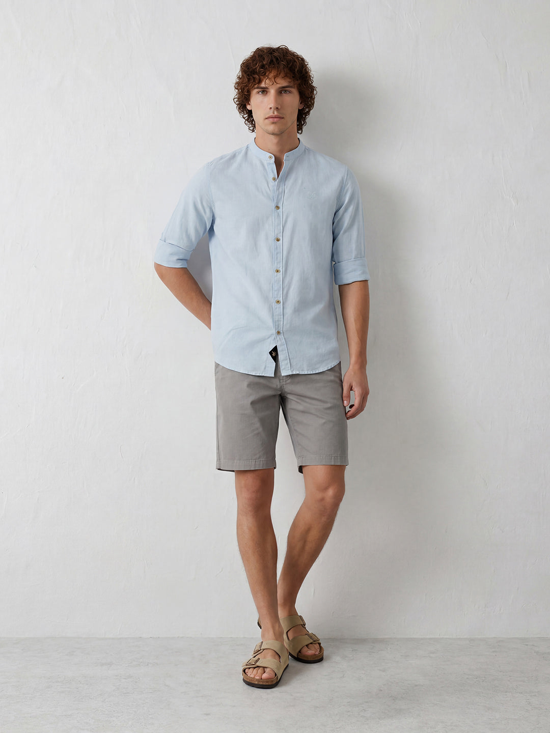 Slim Fit Mandrin Collar Shirt | Light Blue