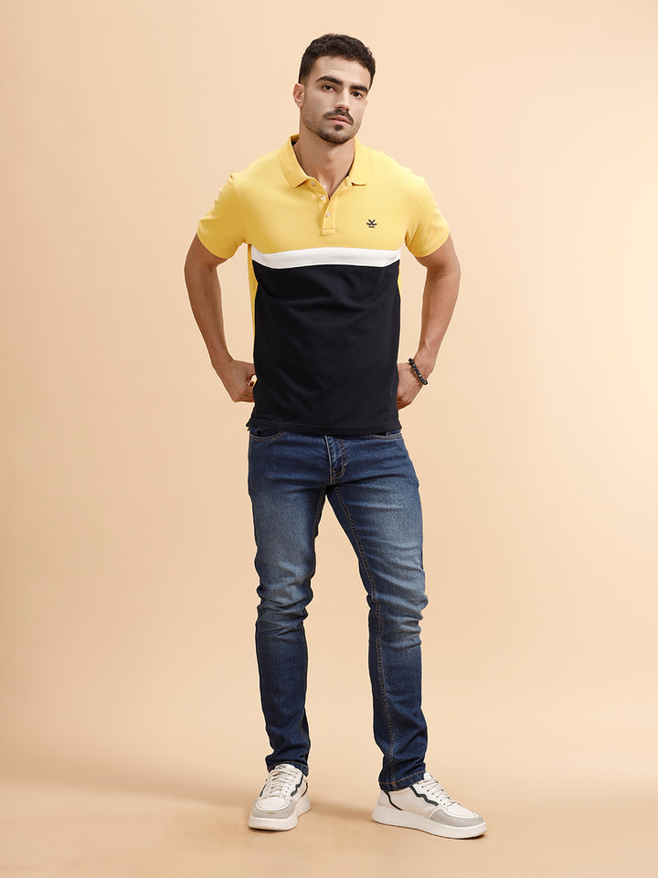 Contrast Cut & Sew Slim Fit Polo T-Shirt | Yellow & Navy