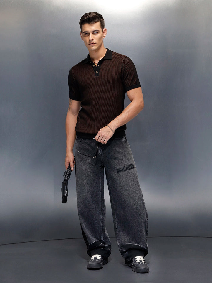 Textured Knit slim fit Polo T-shirt | Brown