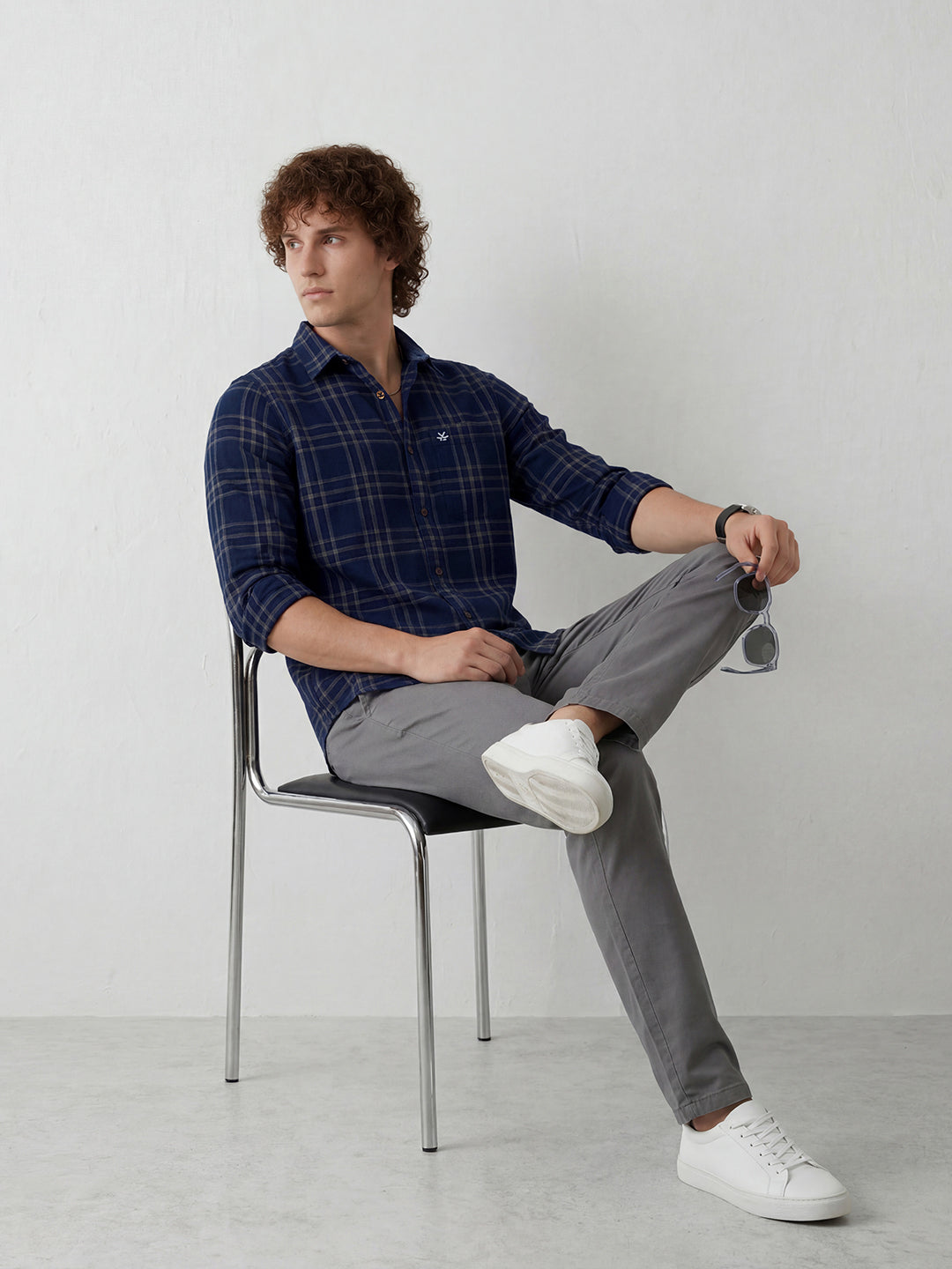 Men's casual checkered pattern slim fit shirt | Navy Blue