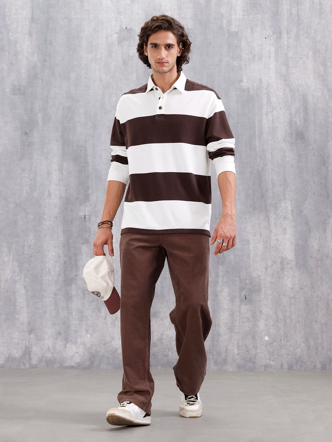 Yarn Dyed Striped Rugby Polo With Twill Collar | Brown