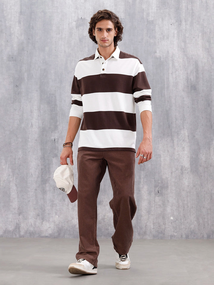 Yarn Dyed Striped Rugby Polo With Twill Collar | Brown