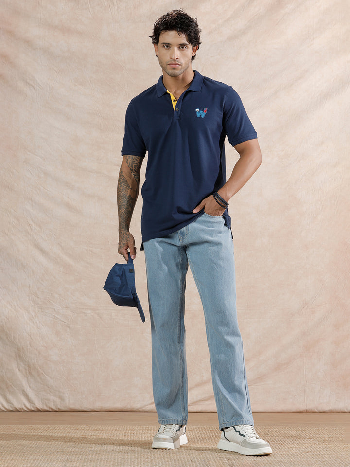 Caricature Logo Slim Fit Polo T-Shirt  | Navy Blue
