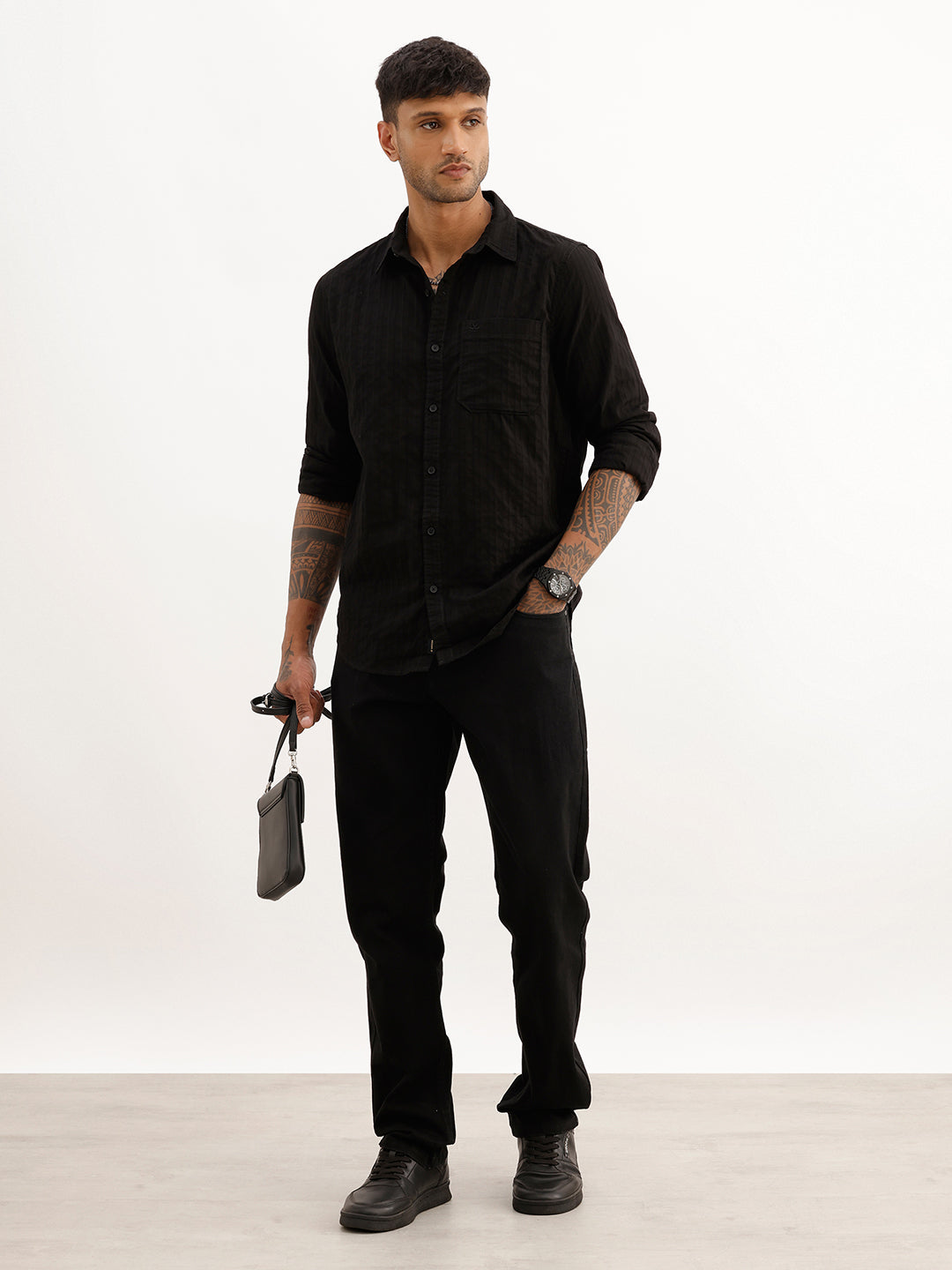 Textured Slim Fit Striped Shirt | Black