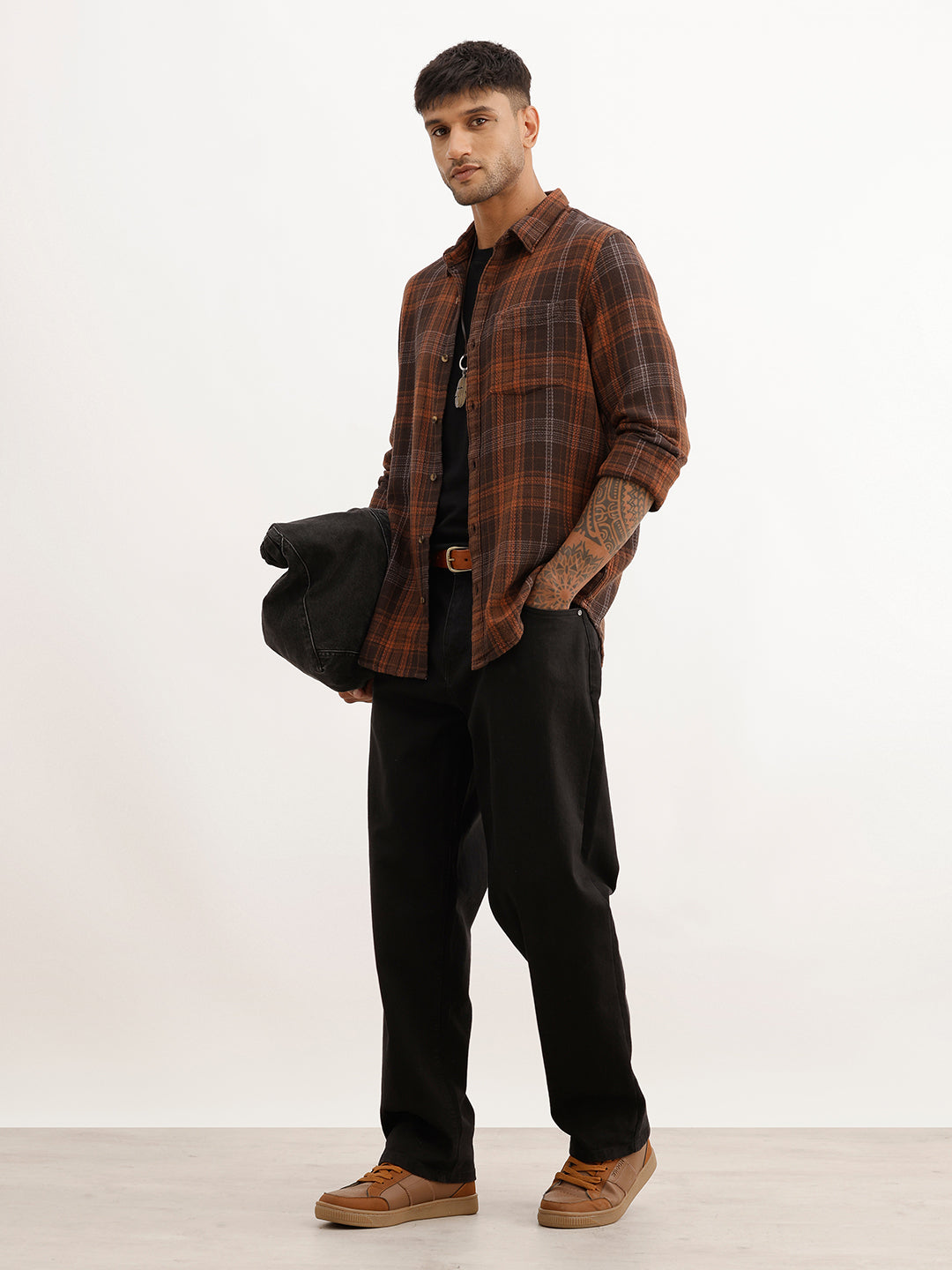 Slim Fit Checkered Full Sleeve Shirt | Brown