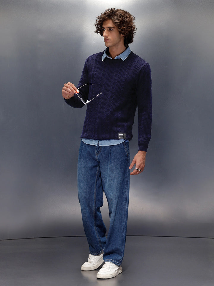 Chunky Cable Knit Slim Fit Crew Neck Sweater  | Navy Blue