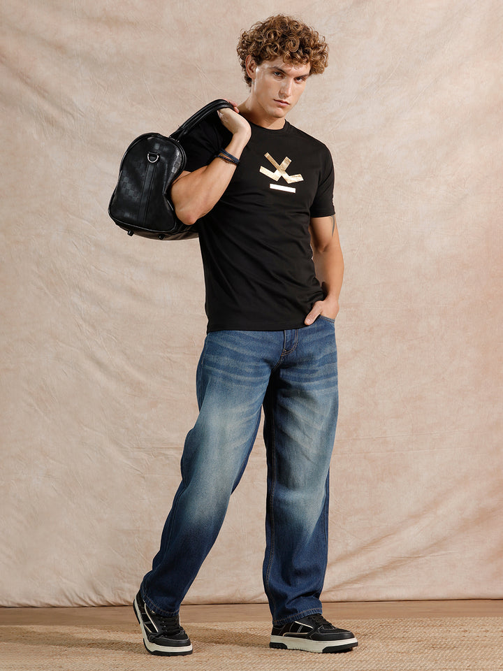 Gold Foil Print Slim Fit T-Shirt | Black