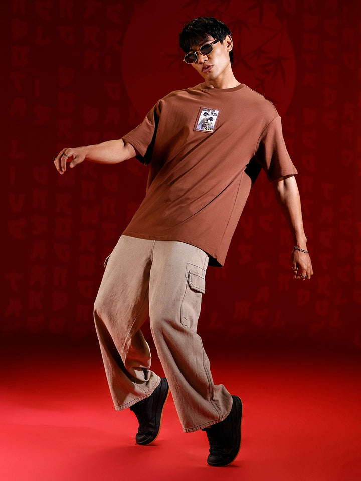 Men's Oversized Tee with Illustrated Patch Detail | Brown