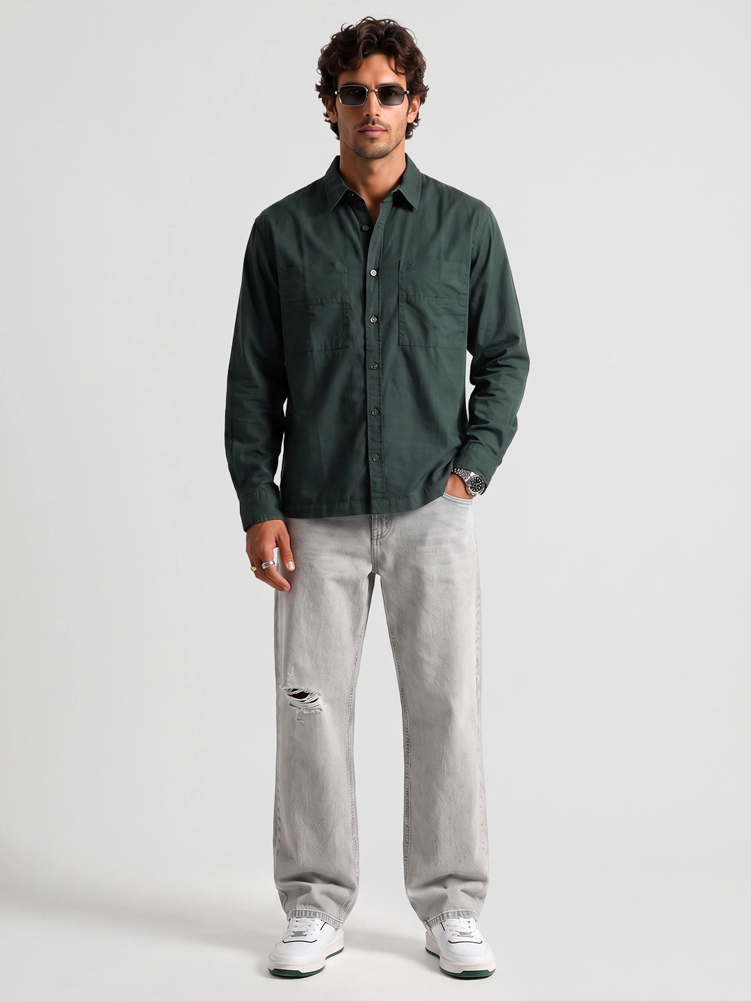Solid Comfort Fit Double Pocket Shirt | Dark Green
