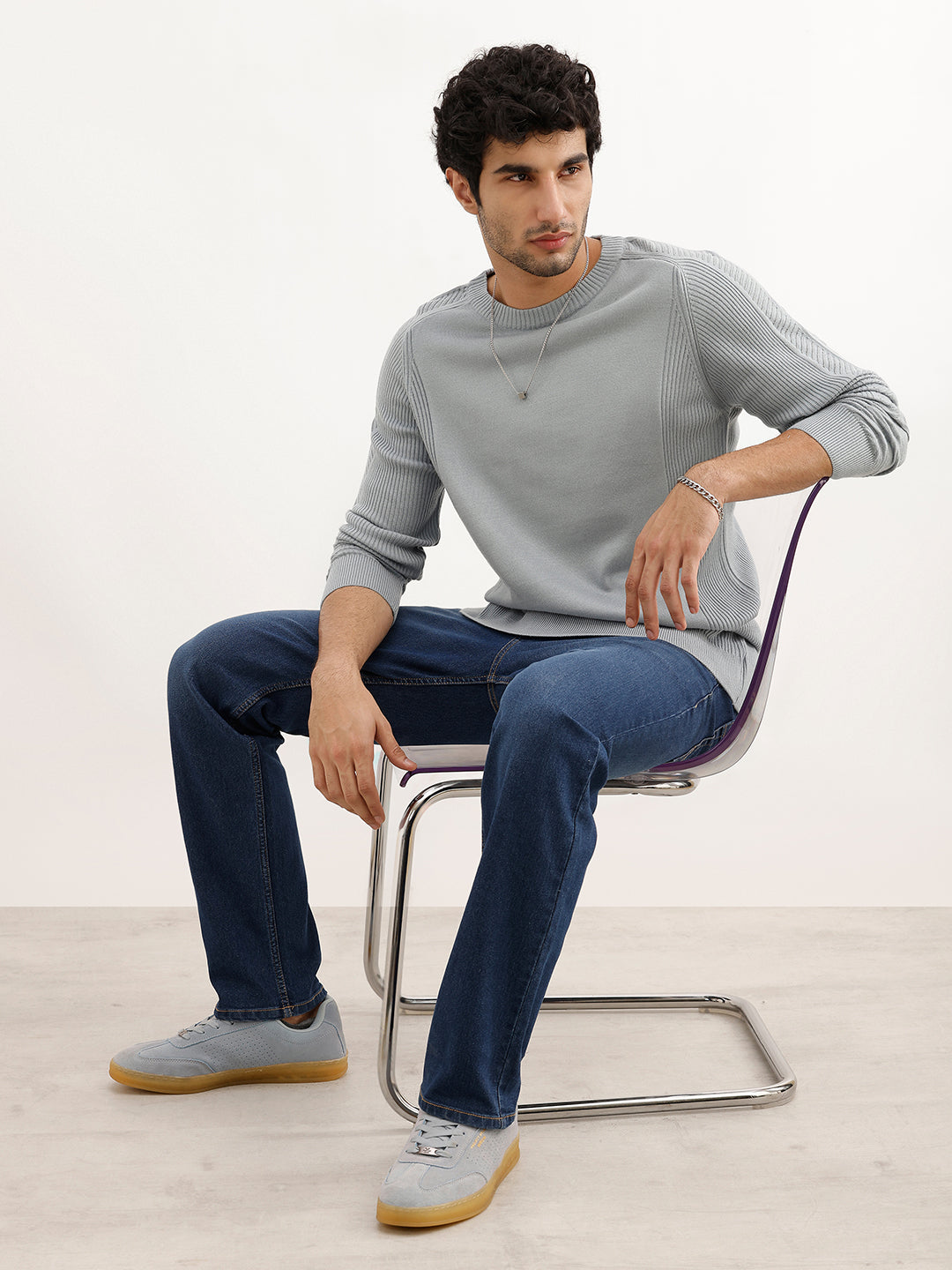 Solid Regular Fit Knitted Sweater | Grey