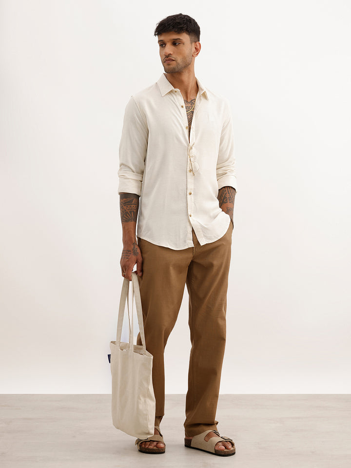 Solid Linen Blend Full Sleeve Shirt | Cream