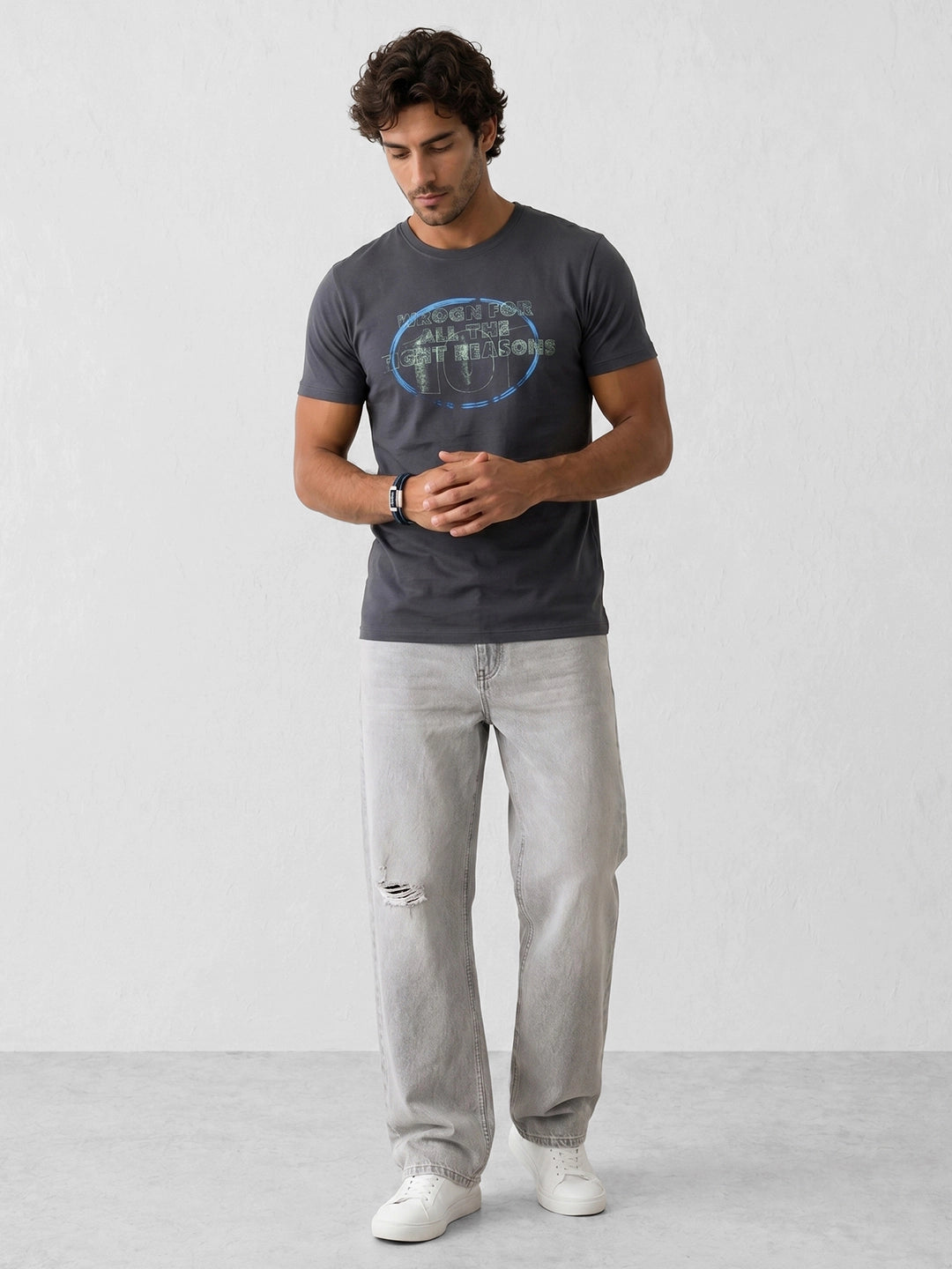 Slim Fit Placement Printed T-Shirt | Grey