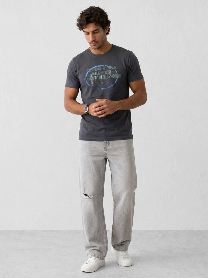 Slim Fit Placement Printed T-Shirt | Grey