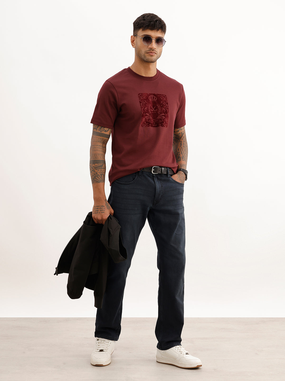Classic Slim Fit Flock Print T-Shirt | Wine