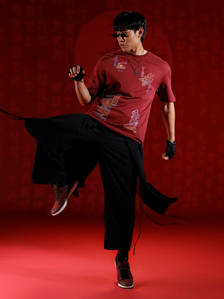Oversize tshirt with warrior motif prints | Maroon