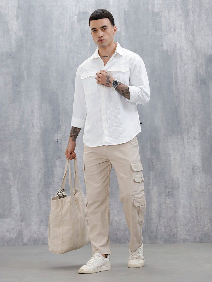 Wrogn Oversized Double Pocket Textured Shirt For Men's | Off White