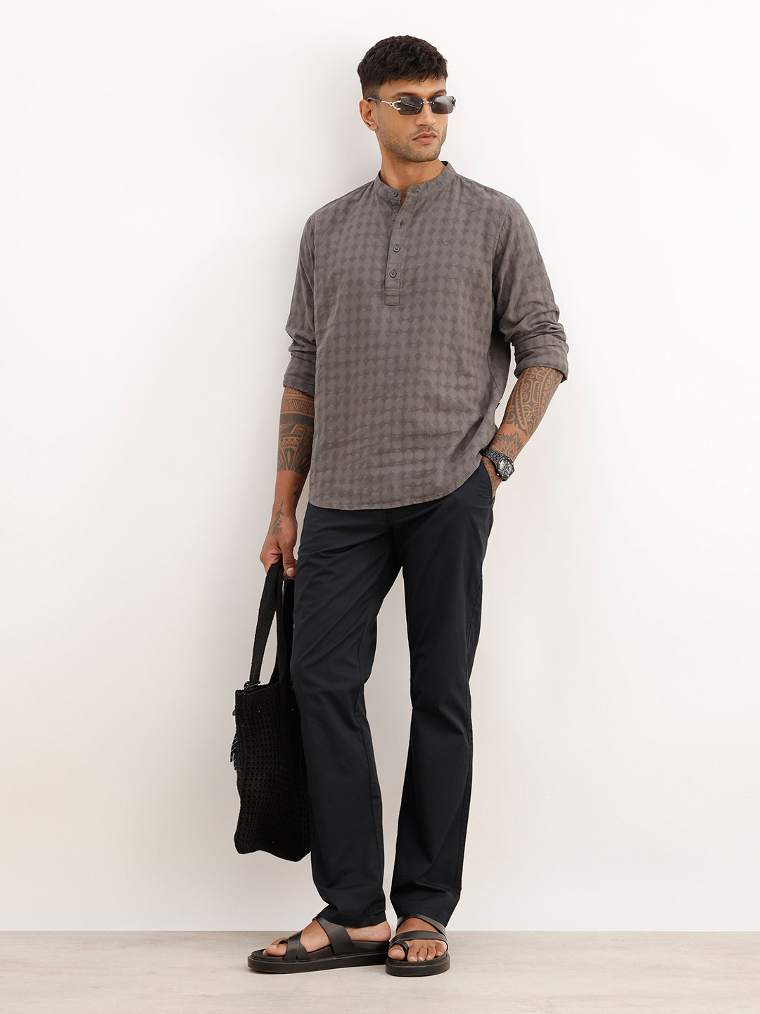 Textured Slim Fit Mandrin Collar Shirt | Grey