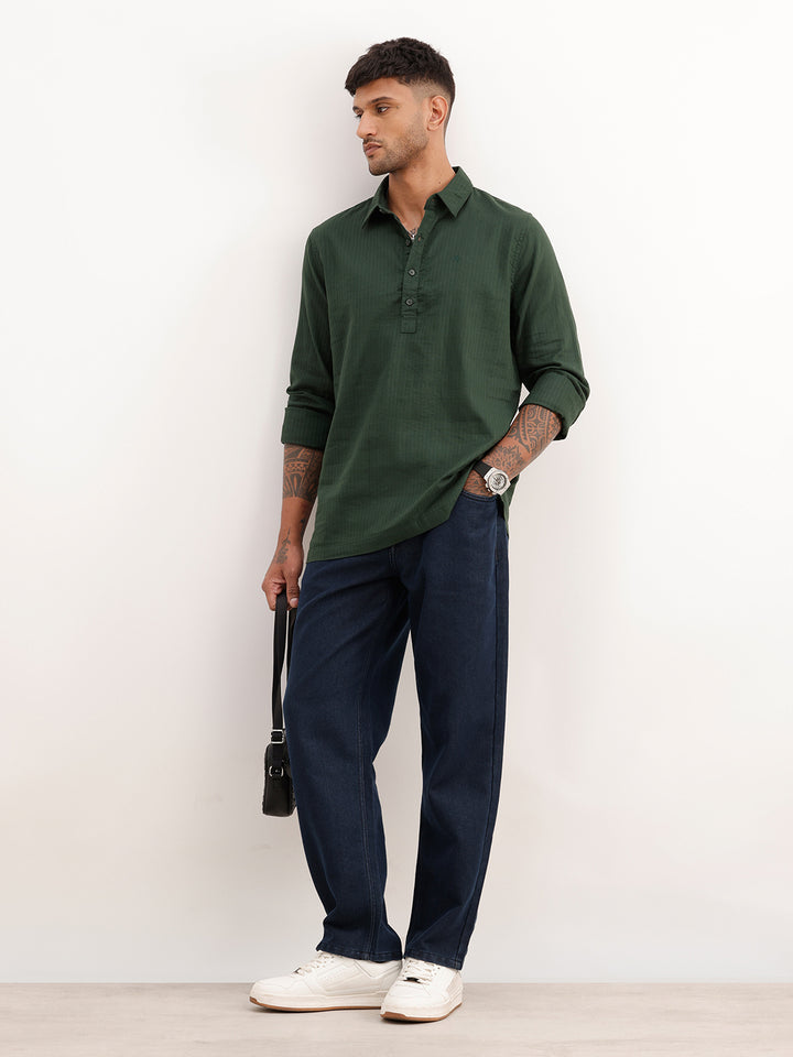 Textured Half Placket Full Sleeve Shirt | Dark Green