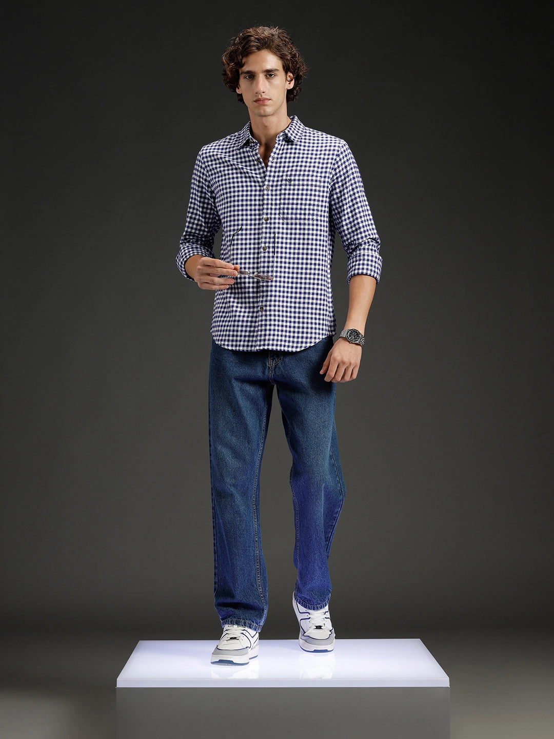 Wrogn Men's Classic Gingham Checked Shirt  | Navy Blue