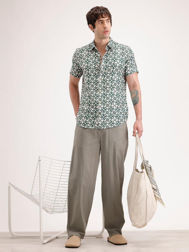 Slim Fit AOP Half Sleeve Shirt | Dark Green