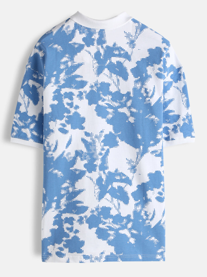 Abstract Floral Printed Polo T-Shirt | Blue & White