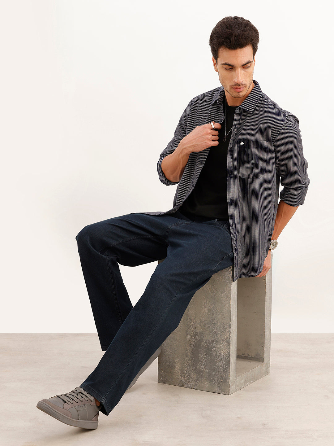 Regular Fit Full Sleeve Striped Shirt | Navy Blue