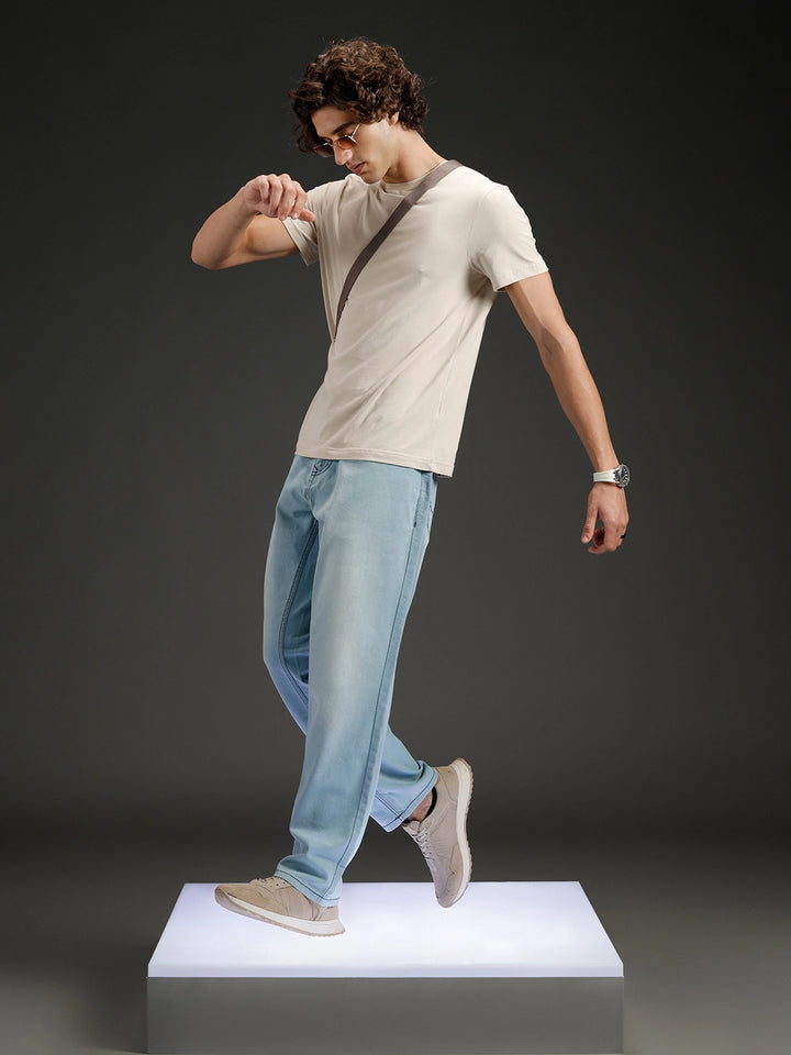 Wrogn Men's Casual Straight Fit Jeans with Contrast Stitch Detail | Light Blue