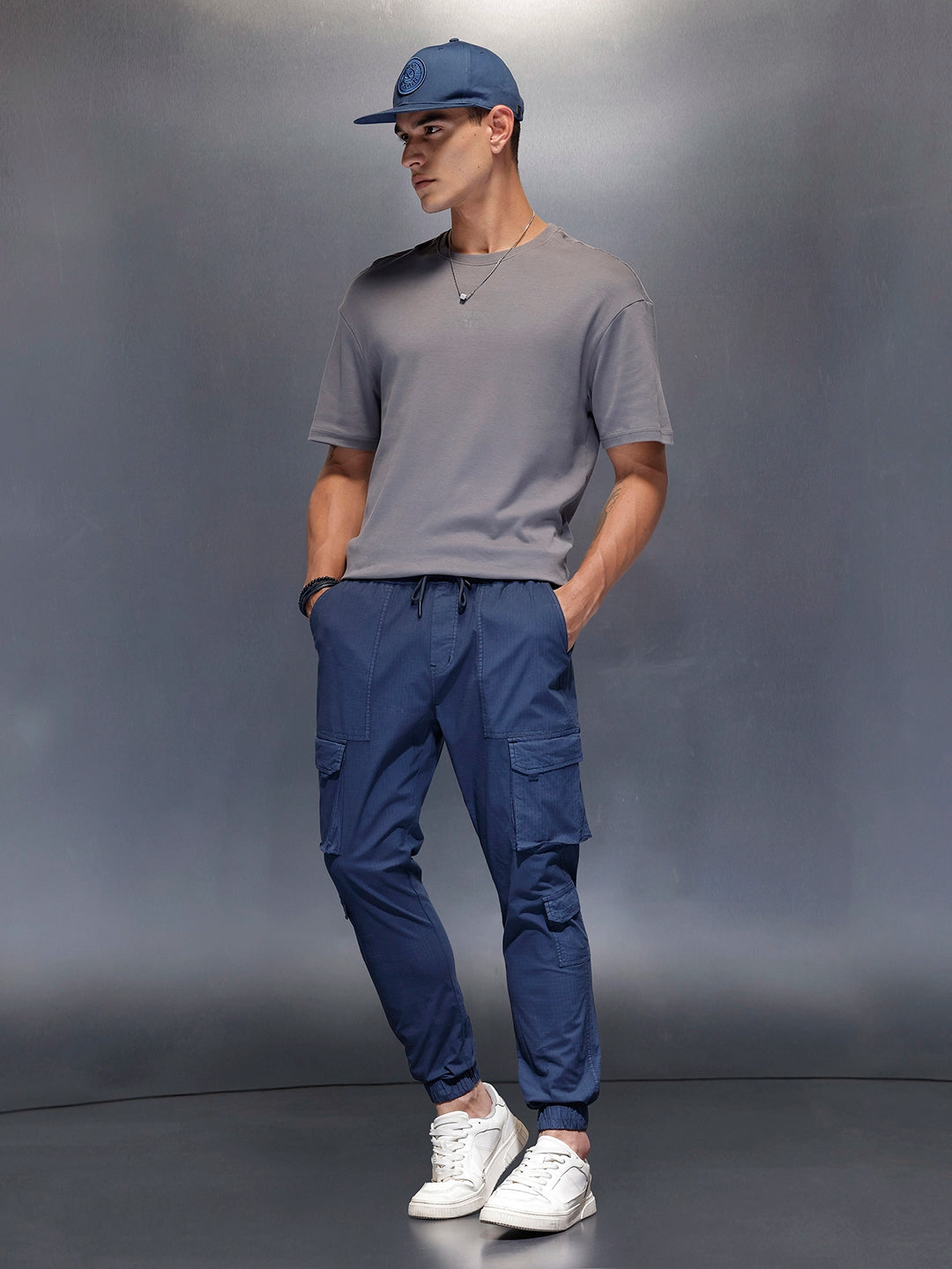 Men's casual Slim fit trousers with mutiple utility pockets | Navy Blue