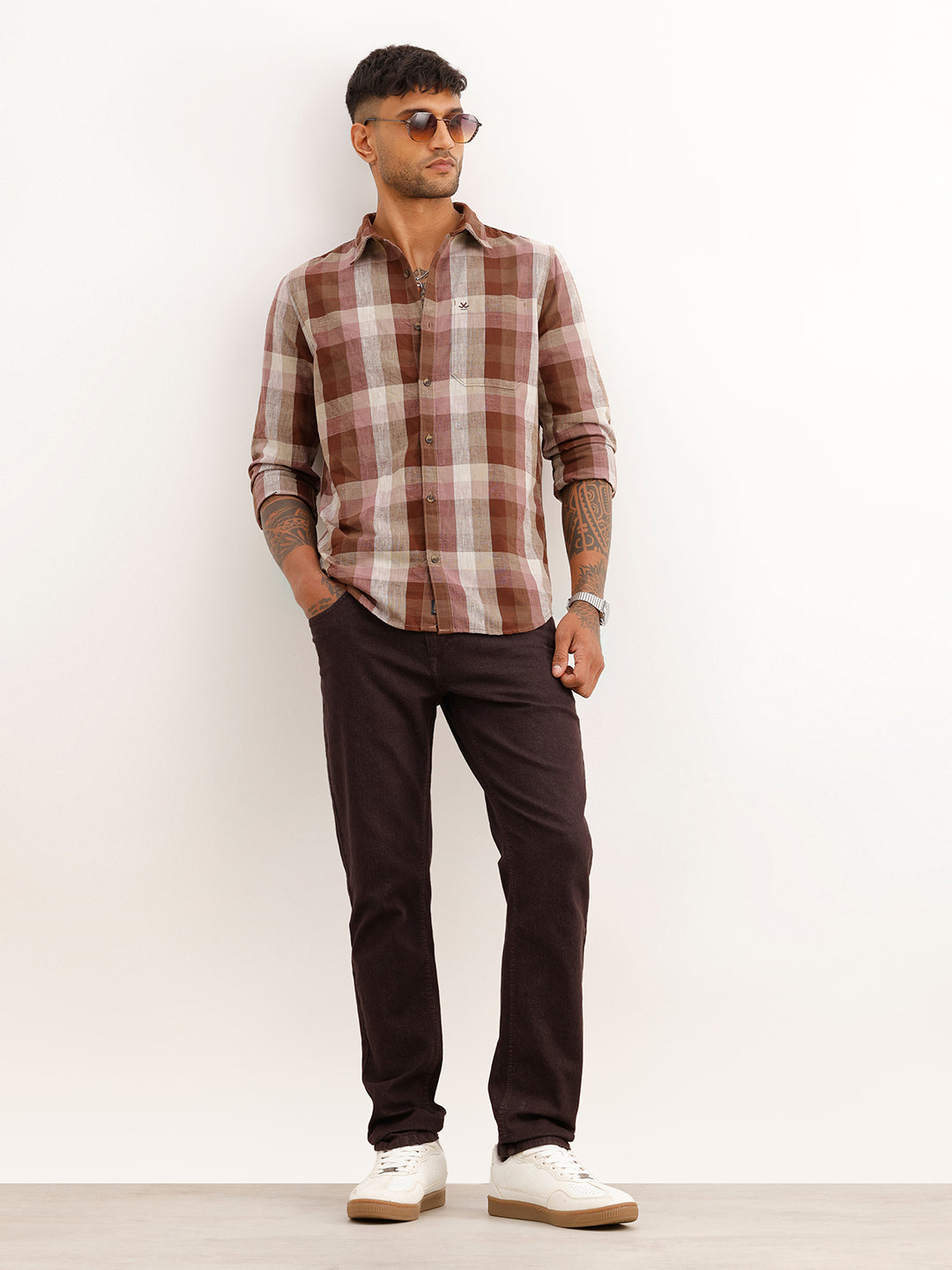 Classic Checkered 100% Polyester Shirt | Brown