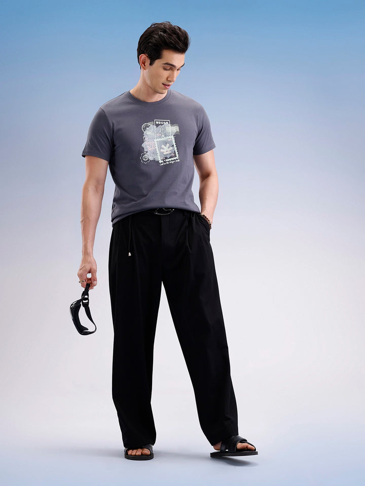 Slim Fit Placement Printed T-Shirt  | Dark Grey