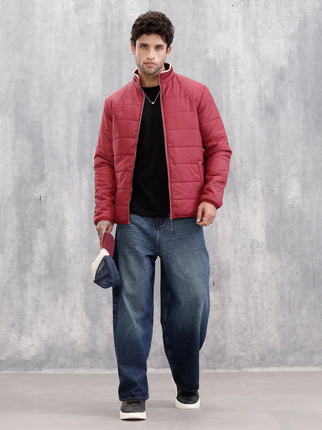 Quilted High Neck Regular Fit Jacket I Maroon