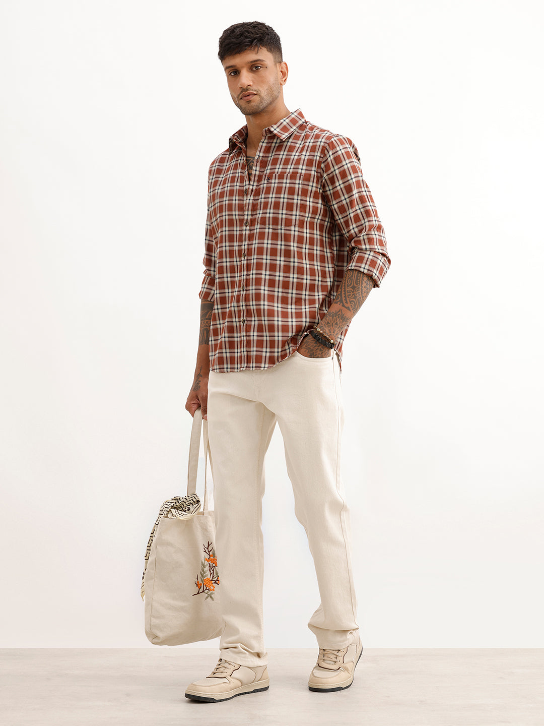 Regular Fit Full Sleeve Checkered Shirt | Brown