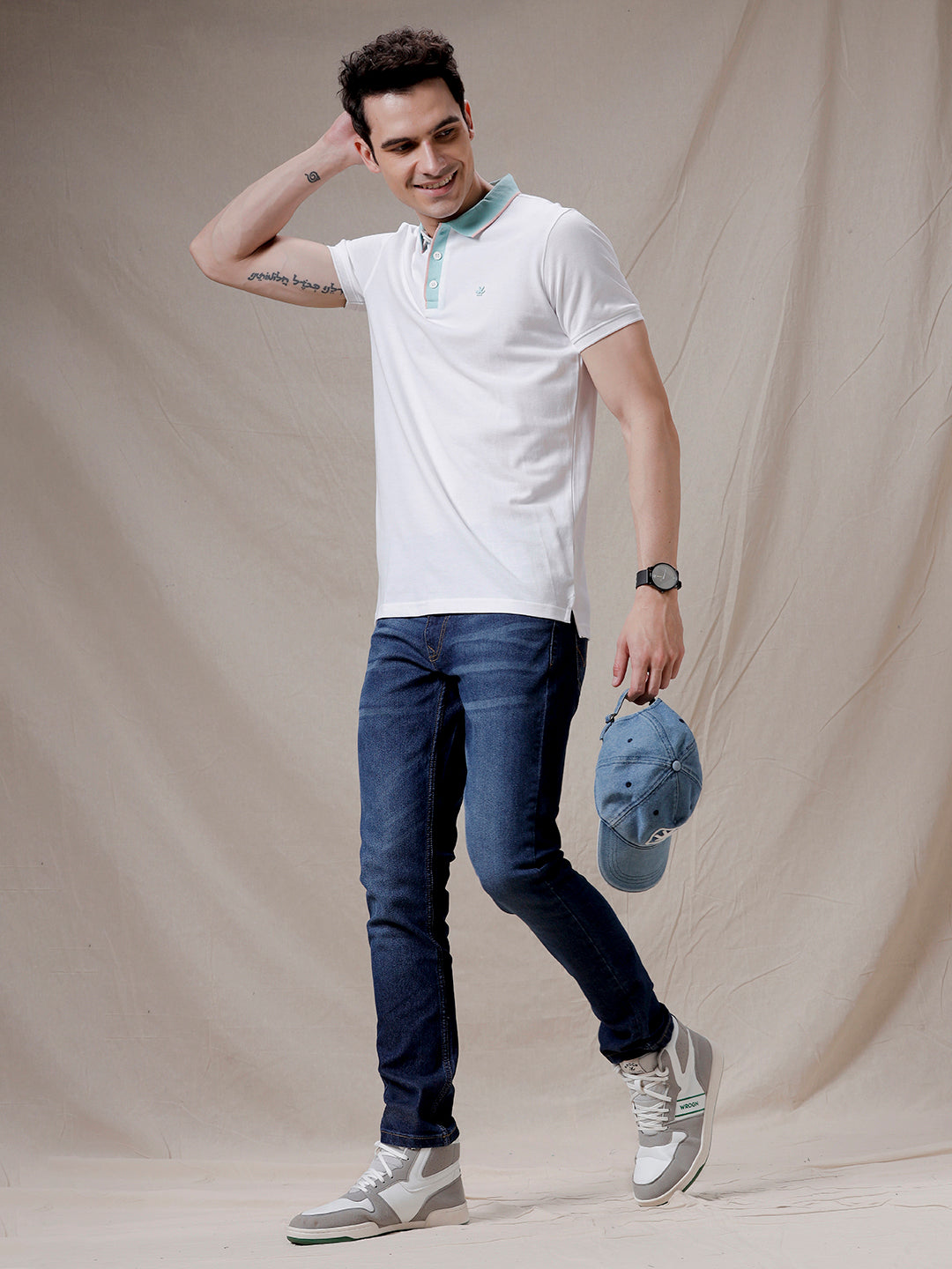 Contrast Collar White Polo T-Shirt