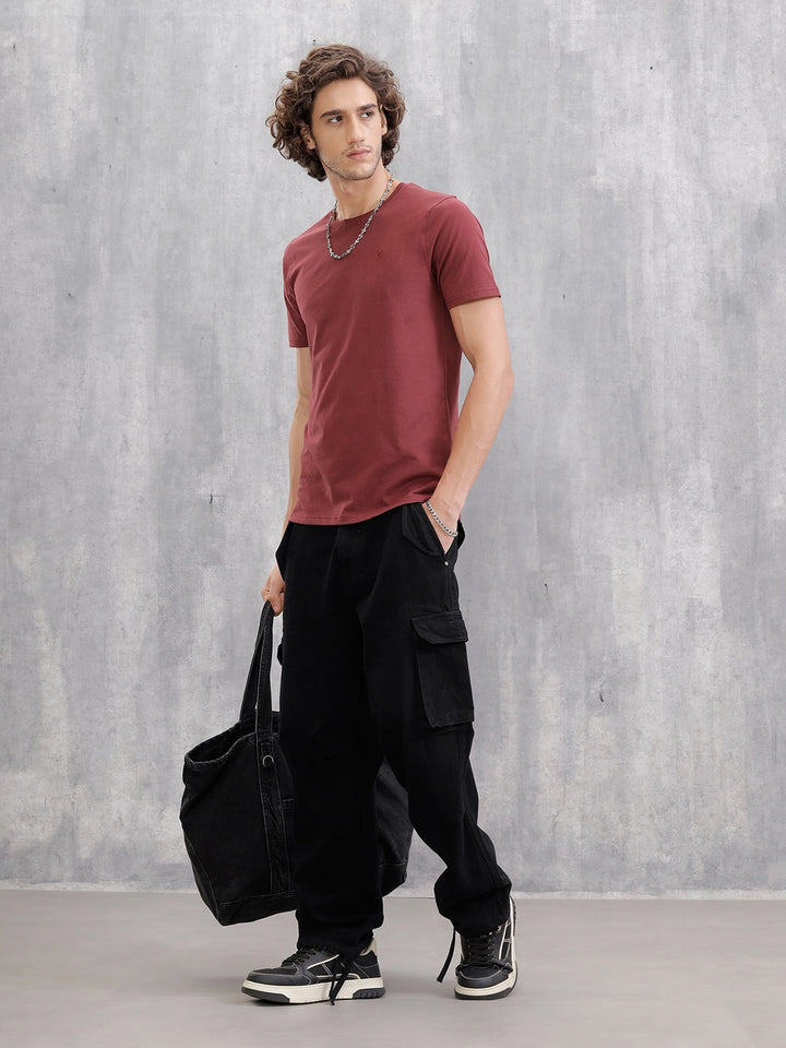 Dtm Embroidered Brand Logo Casual Crewneck T-shirt | Maroon